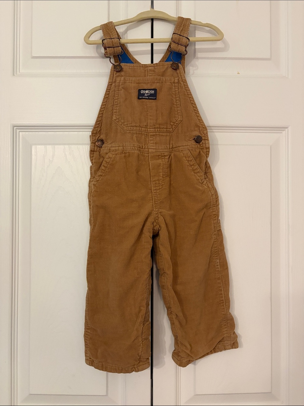 OshKosh B'gosh Tan Corduroy Overalls with Blue Flannel Lining Size 18 Months